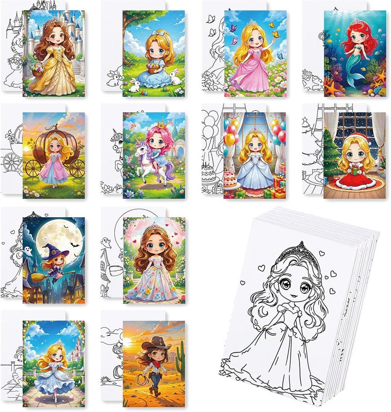 Zynlio 12 Packs Princess Pre Drawn Canvas for Painting, Pre Printed Cute Bulk Painting Canvas with Pictures to Paint Gift - Image 1